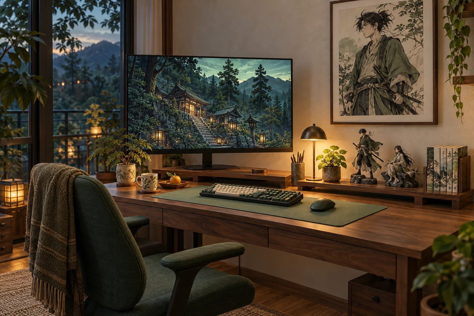 Original AI concept of a walnut anime desk with a forest landscape monitor, inked swordsman print and original character display