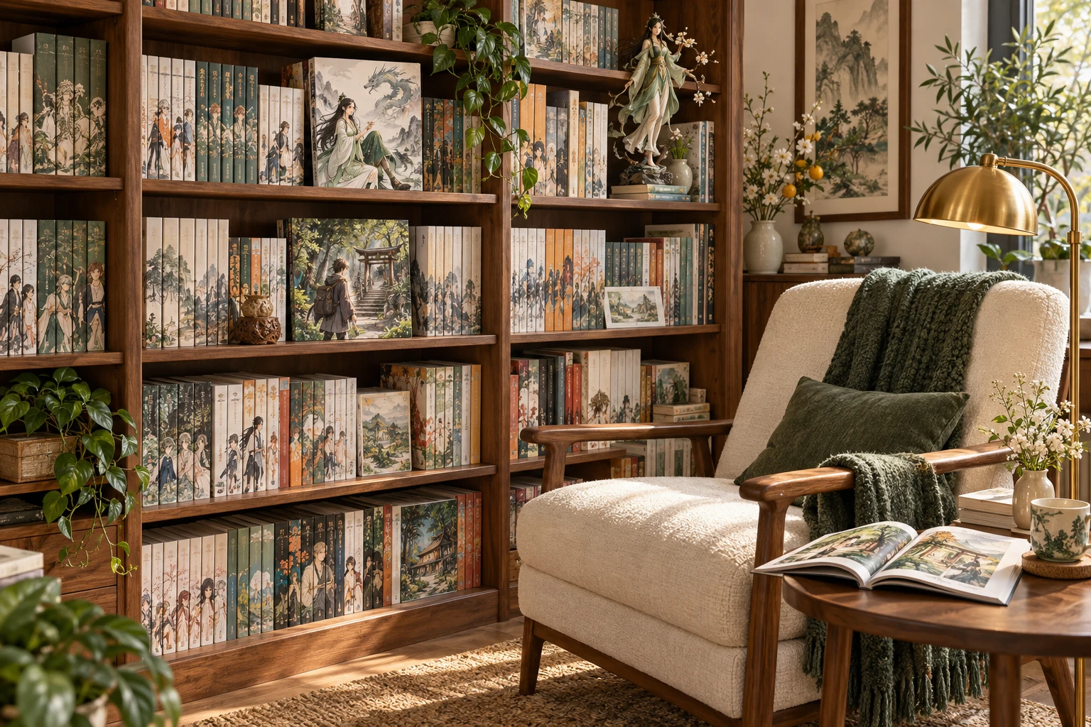 Original AI concept of manga and manhua shelves with illustrated covers, a character figure, cream reading chair and brass task lamp